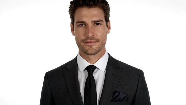 Man in a dark suit, white shirt, and tie, against a white background