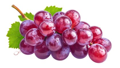 A close-up showcases a cluster of glossy, reddish-purple grapes, accented by vibrant green leaves and a woody stem against a transparent backdrop