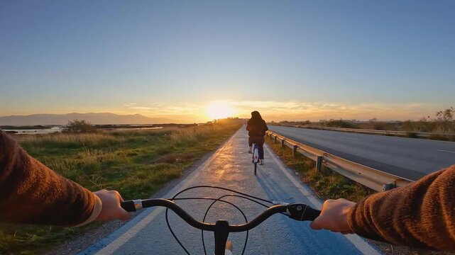 Riding a bicycle along a scenic coastal path as the sun sets, casting a warm glow on the road and illuminating the sky with vibrant colors