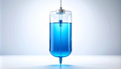 Transparent IV fluid bag with blue liquid, suspended vertically, clinical medical setting.