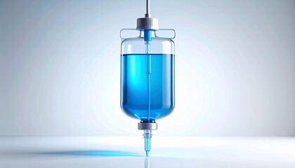 Transparent IV fluid bag with blue liquid, suspended vertically, clinical medical setting.