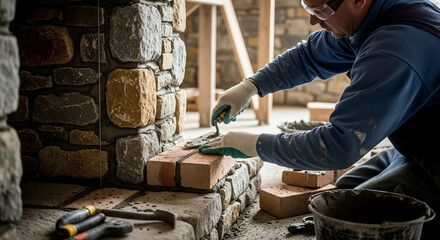Builder laying brickwork while building a fireplace. Selective focus.