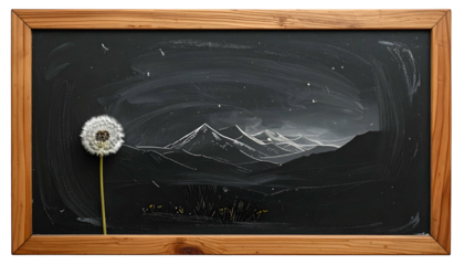 A dandelion seed head on a stalk is placed on a chalkboard with chalk art of a mountainous night scene