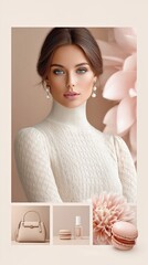 Woman and beauty products collage with pink flowers.