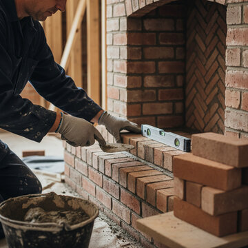 Builder laying brickwork while building a fireplace. Selective focus.