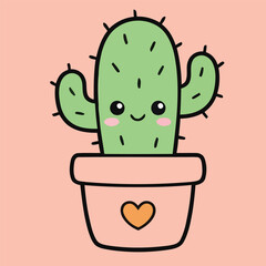 Happy green cactus character in pot illustration