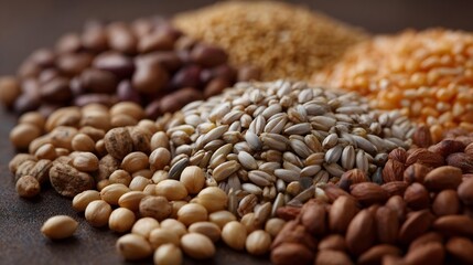 Obraz premium A close up view of a variety of raw grains seeds nuts and legumes arranged in piles showcasing diverse textures and natural colors