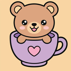 Cute brown bear sitting in teacup vector art