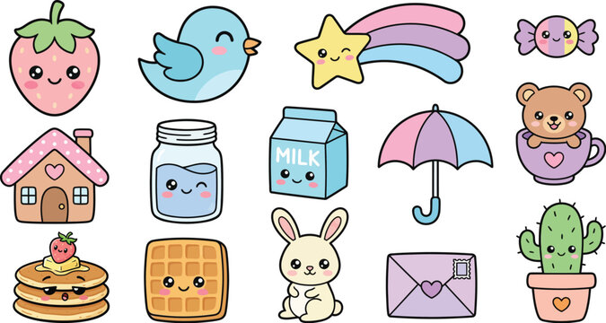 Set of cute kawaii stickers and icons vector