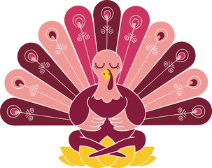 Meditating turkey on lotus flower, peaceful pose, closed eyes, Thanksgiving mindfulness concept, calm holiday theme, flat vector illustration
