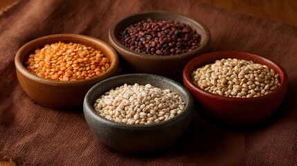Four bowls of assorted raw grains and seeds on a brown textured fabric background