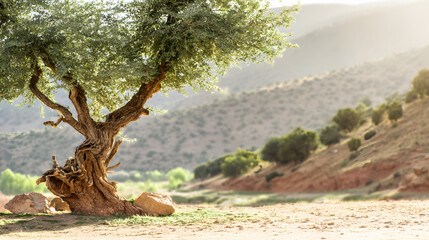 epilogue. A lone argan tree stands in the Moroccan landscape, its gnarled trunk and green leaves under the sun. travel magazines, destination branding, designed for travel destination branding.