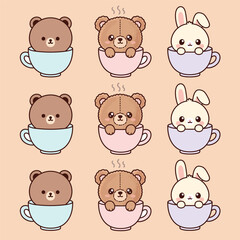 Set of cute bears and bunnies in teacups