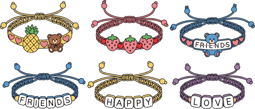 Colorful friendship bracelets with cute charms, words like FRIENDS, LOVE, HAPPY, playful design, kids accessories, flat vector illustration