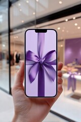Woman holding phone with gift app in a blurred store.