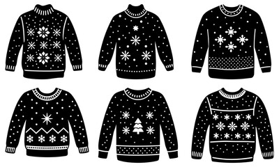 Six Black Christmas Sweaters with Snowflake Patterns on White Background black sweaters holiday sweaters