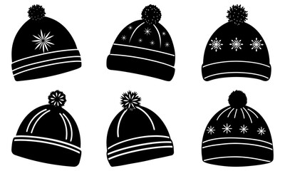 Five Black Winter Hats with White Snowflake Patterns and Pom Poms on White Background black hat white snowflakes