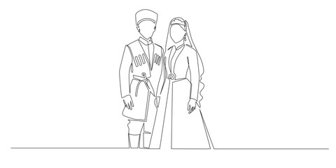 Obraz premium Continuous line drawing of a man and woman wearing traditional Chechen clothing symbolizing cultural identity heritage and unity. Single line for ethnic culture history and tradition themes.