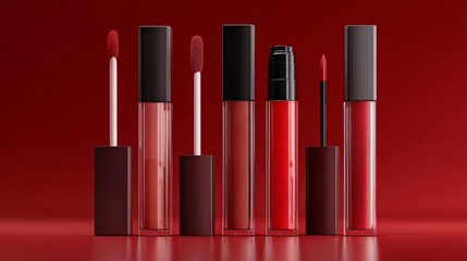 Obraz premium Glossy Lip Gloss Tubes in Gradient Shades of Red and Nude Standing Upright on Vibrant Red Background