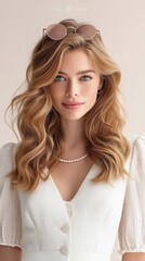 Beautiful young woman with blonde hair and pearl necklace.