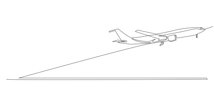 Continuous line drawing of an airplane taking off symbolizing travel freedom and progress. Single line illustration suitable for aviation tourism journey and transportation themes.