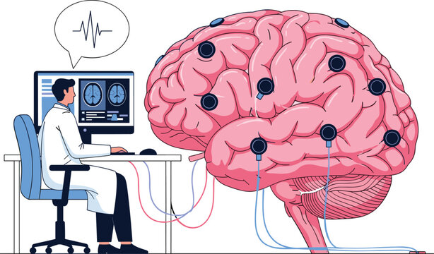 Human brain with electrodes, computer interface, brain scan, neuroscience research, doctor at desk, cognitive study, flat vector illustration