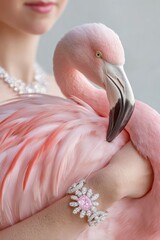 Pink flamingo with a luxury diamond bracelet on its wing.