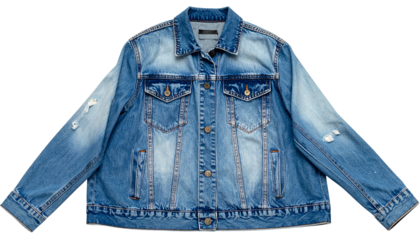 A worn, medium-wash denim jacket, featuring a classic button-down closure, chest pockets, and distressed detailing. Ideal casual wear