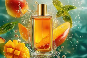 Perfume bottle with mango and mint in a water splash.