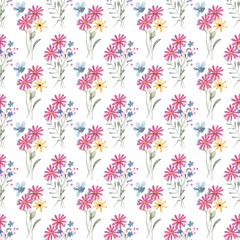 Seamless pattern with wildflowers, repeating paper, background.. Floral backdrop for textile, fabric, wallpaper. Hand drawn flowers.