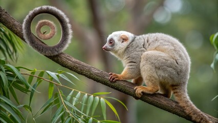 Obraz premium Lemur perched on tree branch with curled tail