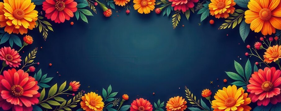 Vibrant marigold flower border frames Day of the Dead themed background , mexico, culture