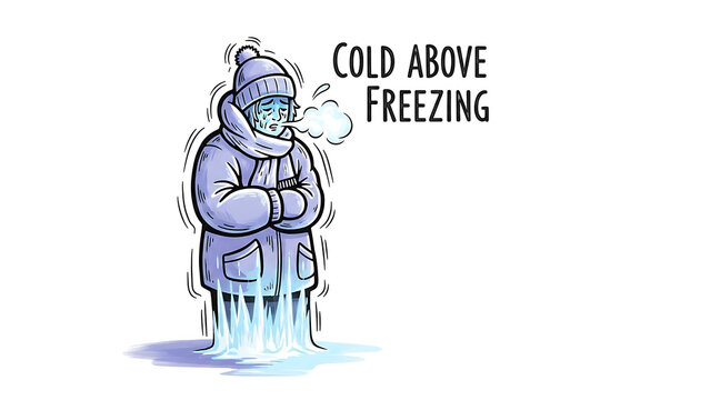 Person bundled up in winter clothes, shivering from cold above freezing temperatures