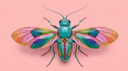 Vividly Colored Metallic Insect with Iridescent Wings on Pink Background &ndash; Surreal Digital Artwork Featuring Detailed Symmetry