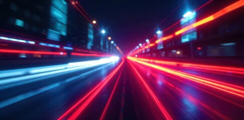 Rapid neon light trails, sharp & blurry blend, vivid hues, lines, image