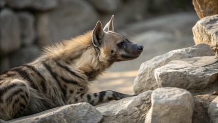 Spotted hyena resting on rocks in natural habitat