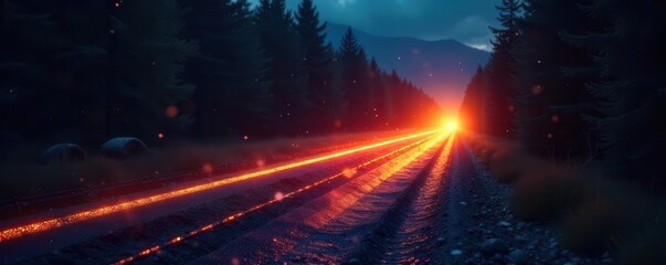 Headlight beams cutting through the darkness, leaving glowing trails, design, transportation