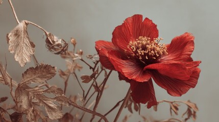 Vibrant red hibiscus flower with golden leaves and textured branches in artistic composition, showcasing natural beauty and floral elegance