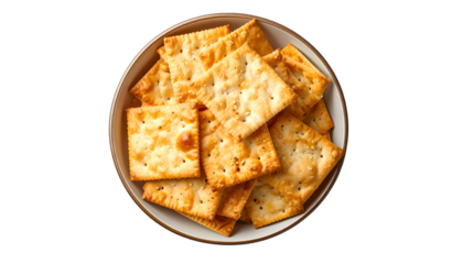 A close-up, overhead shot of a bowl filled with golden-brown, square, baked snacks. The bowl is ceramic