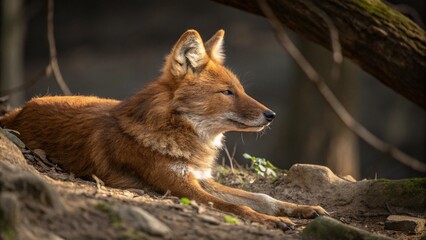 Wild dhole resting in forest underbrush