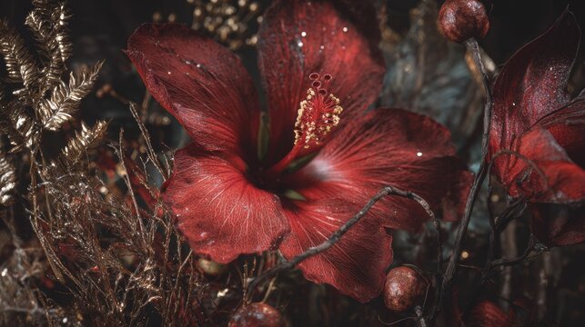 Vibrant red hibiscus flower with golden leaves and textured branches in artistic composition, showcasing natural beauty and floral elegance - Powered by Adobe