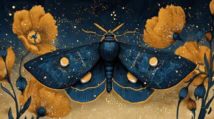 Blue Moth with Golden Speckles Surrounded by Orange Flowers and Botanical Elements on Beige Background