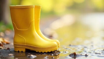 Sunshine-yellow rubber boots, rugged tread, ready for rain, rubber boots, detail
