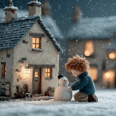 A small child joyfully building a snowman in front of a cozy home. Generative AI