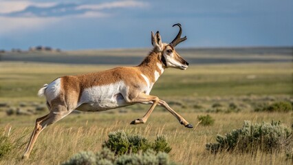 Obraz premium Pronghorn antelope running freely in open grassland landscape