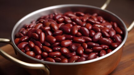 Fototapeta premium Close up of vibrant red kidney beans neatly piled in a rustic copper pot on a wooden surface
