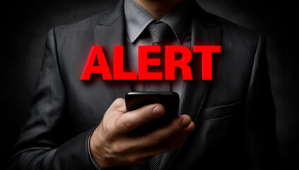 Uomo d'affari con il telefono in mano e la scritta ALERT in rosso. Pericoli nella navigazione e nella sicurezza del telefono cellulare.