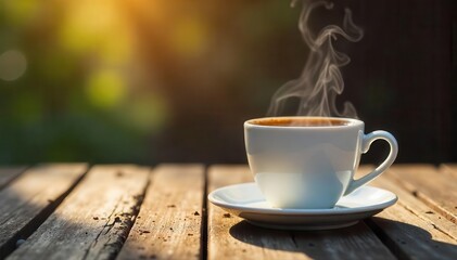 Steam rises from white coffee cup on weathered wood Inviting morning scene , warm, home
