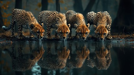 the reflection of a mother leopard and her four cubs.