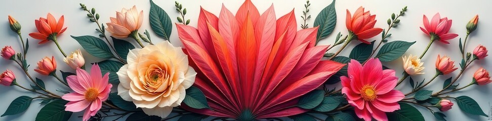 Intricate fan-shaped floral arrangement with crisp geometric accents, radiating outwards , fan, background